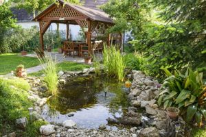 Beautiful Garden With Bench And Little Pond To Relax